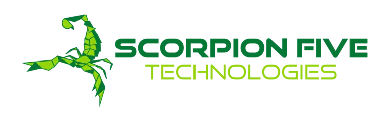 Scorpion Five Technologies logo with a stylized polygonal green scorpion and bold green and lime text—representing innovation and strength in custom software and tech solutions.