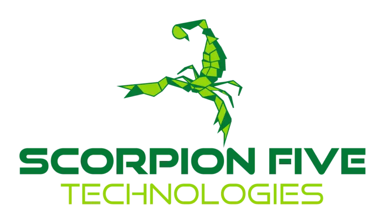 Scorpion Five Technologies logo featuring a stylized geometric scorpion in shades of green above the company name, with “SCORPION FIVE” in bold dark green uppercase letters and “TECHNOLOGIES” below in bright lime green.