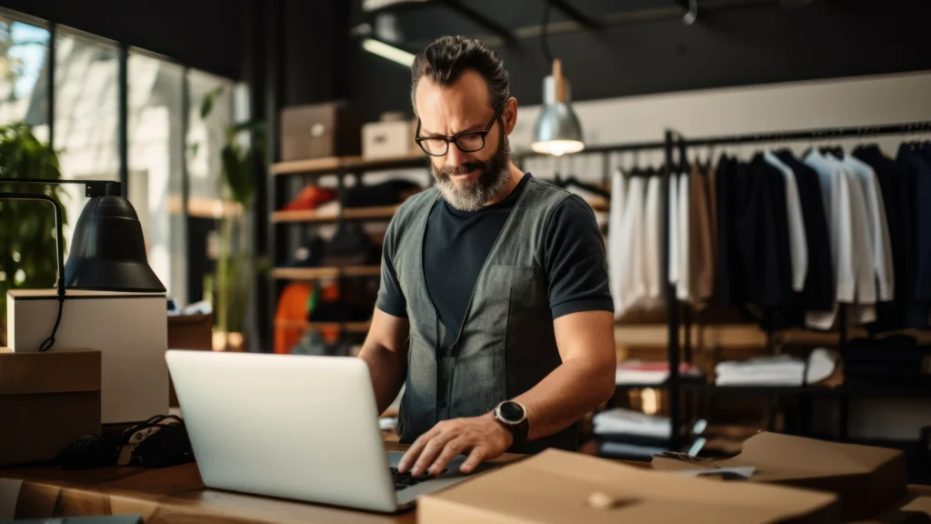 Small business owner using a laptop in a retail shop to manage custom software solutions that streamline operations and support growth.