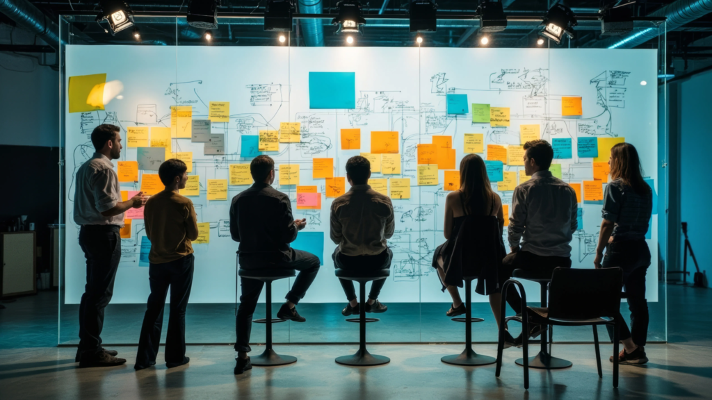 Agile software development team at Scorpion Five Technologies (S5T) collaborating in front of a large wall filled with sticky notes and diagrams, representing iterative development, Agile development methods, and team collaboration during the Agile software development cycle..