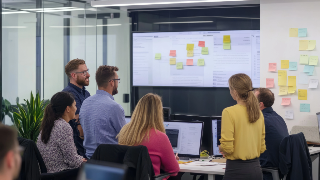 Agile development team at Scorpion Five Technologies (S5T) gathered around monitors and a large screen, conducting a sprint review to demo completed work, share sprint metrics, and align on next steps in the Agile SDLC.