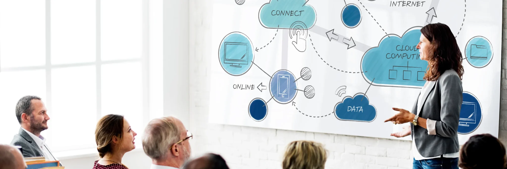 A Scorpion Five Technologies expert explains cloud computing architecture to a group of professionals—illustrating how small business cloud engineering enables scalable, secure infrastructure for growing organizations.