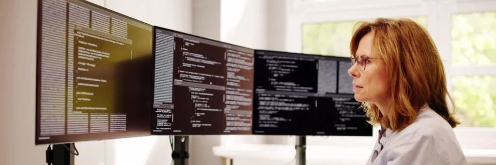 A senior software engineer carefully analyzes code on multiple monitors, symbolizing the tailored nature of custom software development.