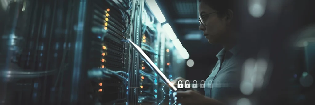 IT professional managing secure server infrastructure—highlighting how Scorpion Five Technologies provides cybersecurity compliance solutions for complex, high-security environments
