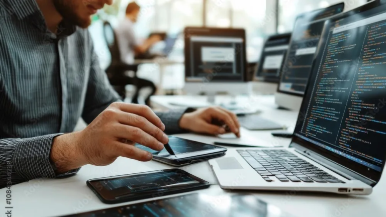 Developer providing custom software development services by writing and testing code for web and mobile applications—illustrating the types of software a small business might develop, from front-end tools to back-end systems and mobile apps.
