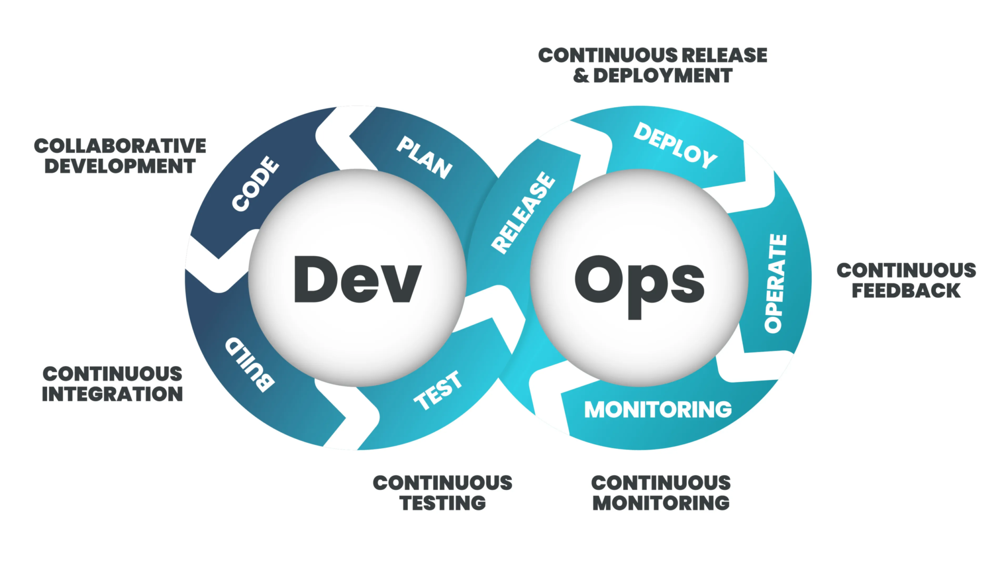 Diagram of the software development lifecycle (SDLC) showing DevOps phases—plan, code, build, test, release, deploy, operate, and monitor—highlighting collaborative development, continuous integration, and seamless feedback cycles in custom software development for small businesses.