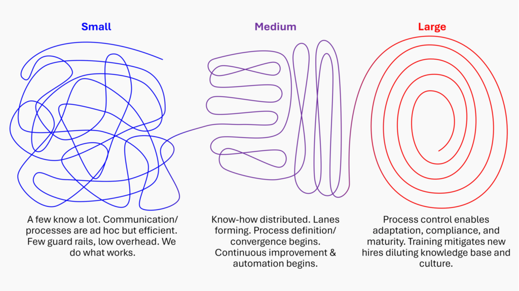 Scorpion Five Technologies (S5T) illustration showing how small businesses evolve from chaotic processes to structured enterprise systems as they scale, with S5T guiding organizations to mature business processes and optimize enterprise workflows
