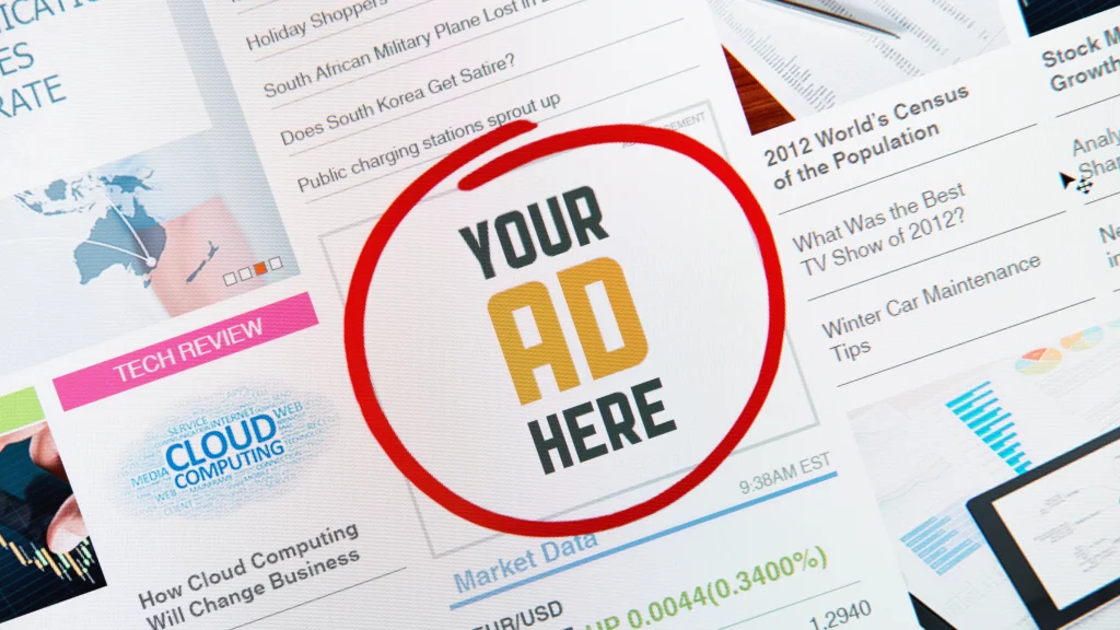 Digital advertisement space highlighted with the phrase ‘Your Ad Here,’ symbolizing outbound marketing contrasted with inbound strategies.